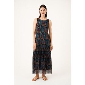 Desigual Boho Midi Dress‎ Sleeveless Sheer Overlay Pleated Multicolor Large